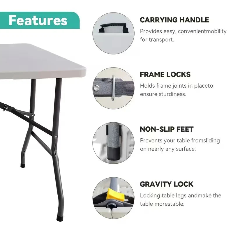 Folding Table,Portable Plastic Table with Carry Handle,Waterproof and Foldable Design,Multifunctional Furniture,Steel Frame with Safety Lock for Picnic,Party,Dining,Outdoor Indoor,Garden,Easy to Fold and Store