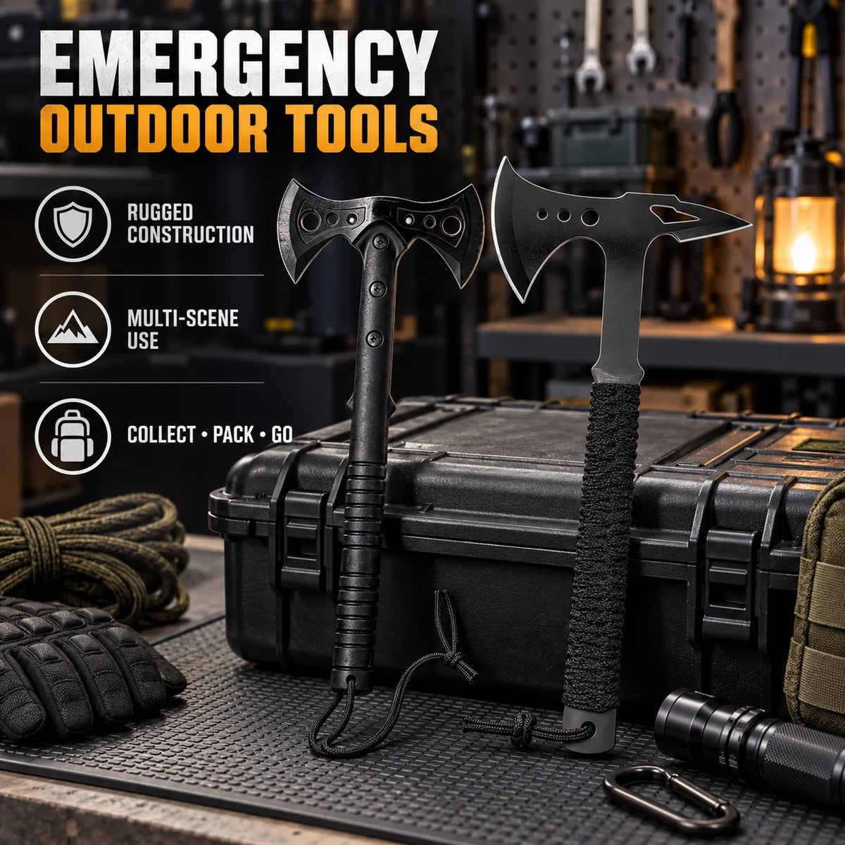 2-Piece Outdoor Camping Tool Set, 15.5-Inch Axe with Non-Slip Handle and Protective Sheath, 15-Inch Outdoor Utility Tool for Camping, Shelter Building and Outdoor Tasks