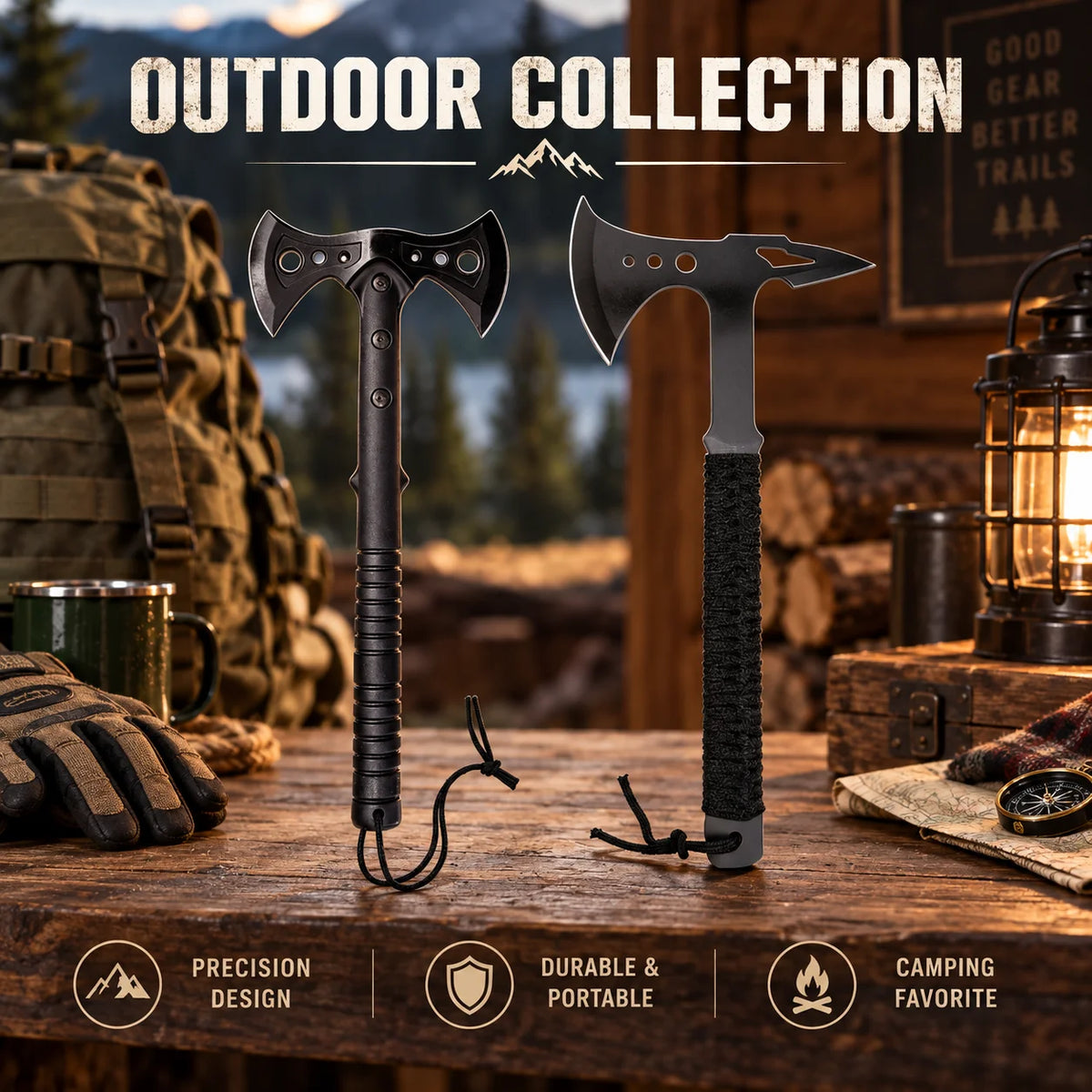 2-Piece Outdoor Camping Tool Set, 15.5-Inch Axe with Non-Slip Handle and Protective Sheath, 15-Inch Outdoor Utility Tool for Camping, Shelter Building and Outdoor Tasks