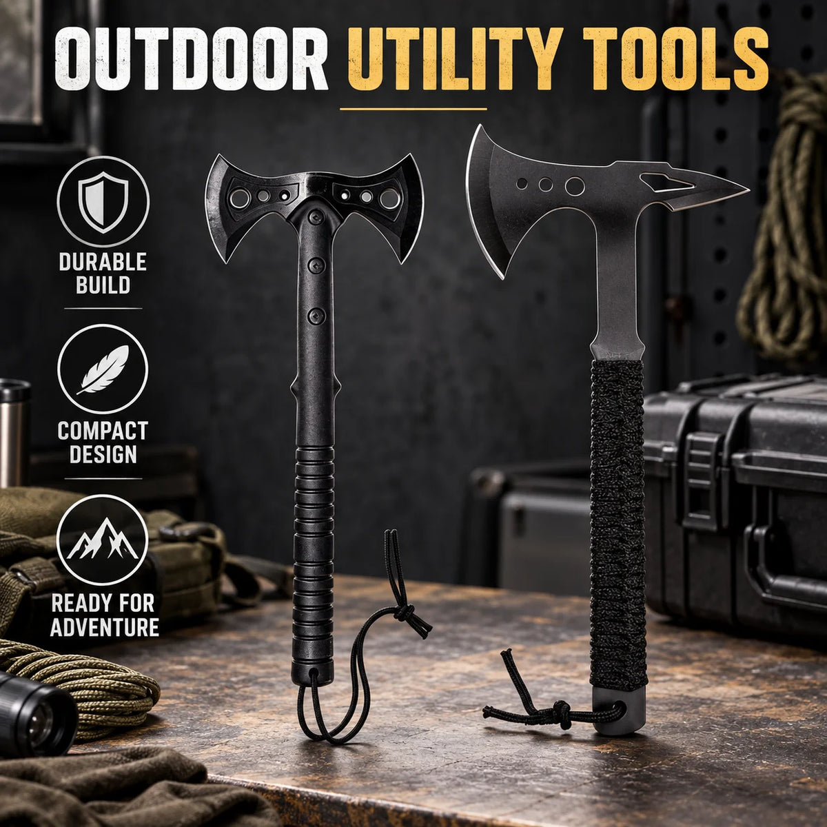 2-Piece Outdoor Camping Tool Set, 15.5-Inch Axe with Non-Slip Handle and Protective Sheath, 15-Inch Outdoor Utility Tool for Camping, Shelter Building and Outdoor Tasks