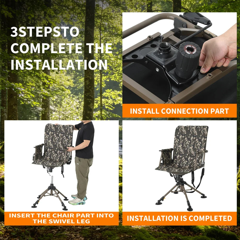 360° Swivel Hunting Chair, Silent Folding Portable Blind Seat | 4 adjustable legs & seat height, folding design, anti-sink feet, armrests, supports 330lbs, stable.