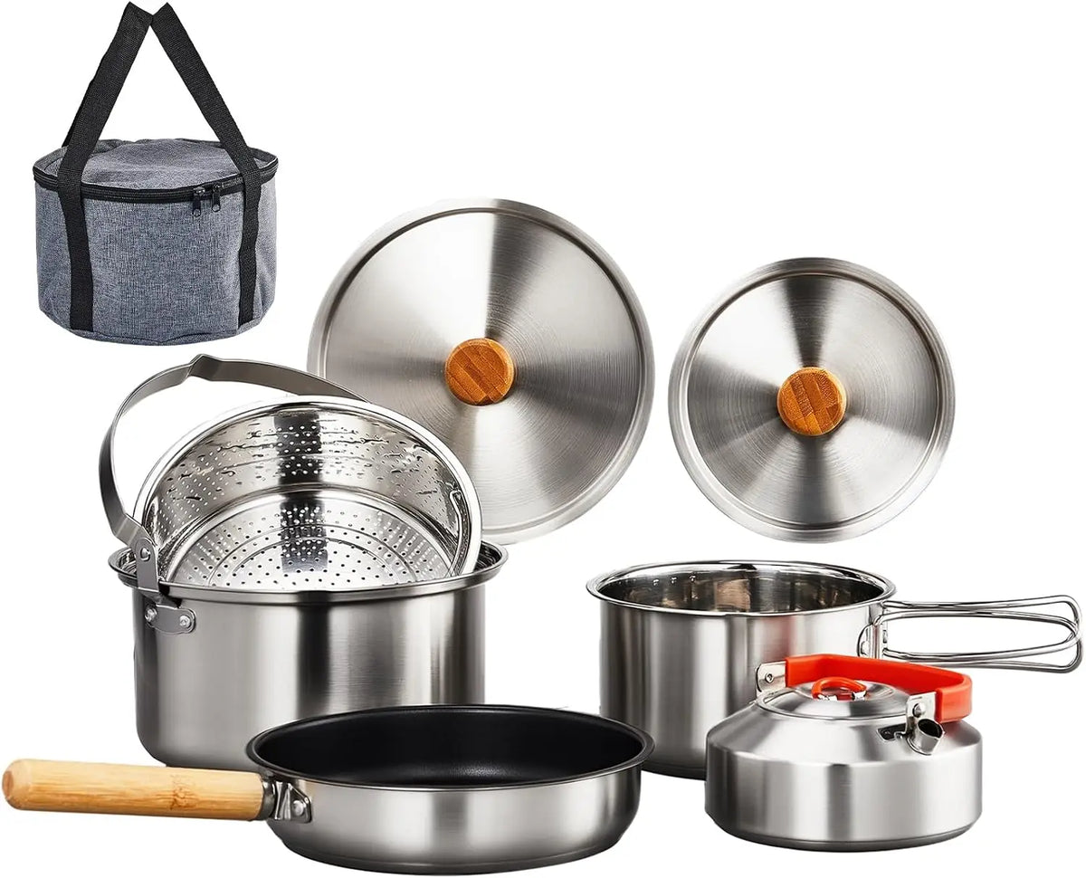 6pcs Cookware Set, 304 Stainless Steel Lightweight Non-Stick Pot, Kettle and Spin with Travel Tote Bag for Open Fire, Camping, Outdoor Cooking for 4-6