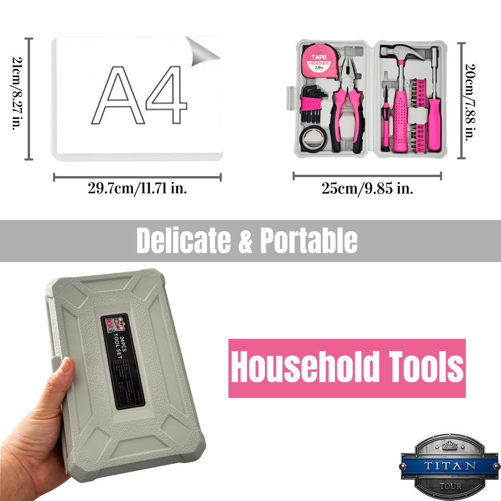 Pink Tool Set  | 24-Piece CR-V Alloy Steel Car Repair Tool Kit | Includes l Wrenches/Pliers/Screwdrivers