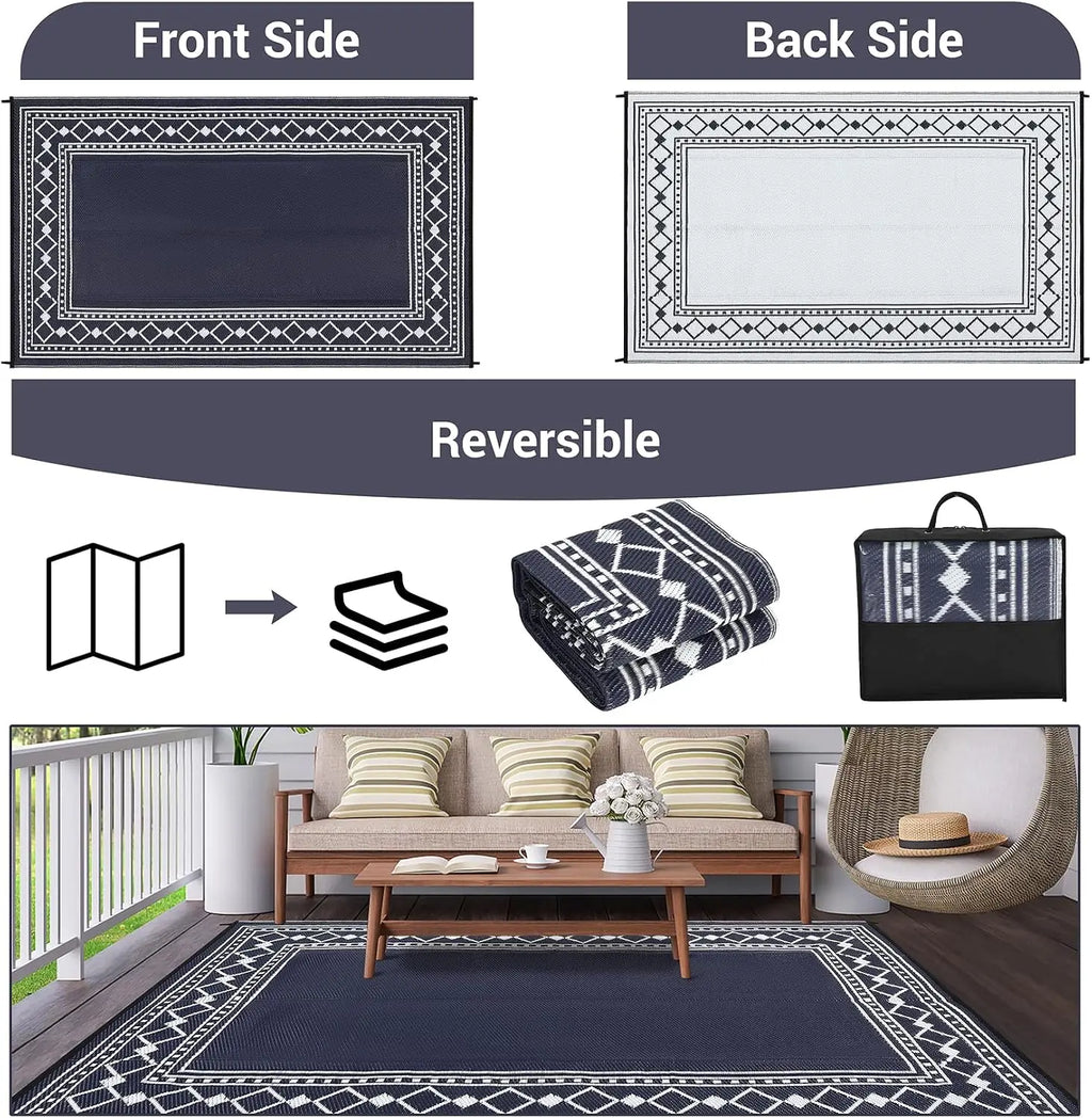 10x20 Large Outdoor Patio Rug – Diamond Border Plastic Straw Rug, Waterproof, Foldable, UV Resistant, Reversible Camping Mat for Deck,