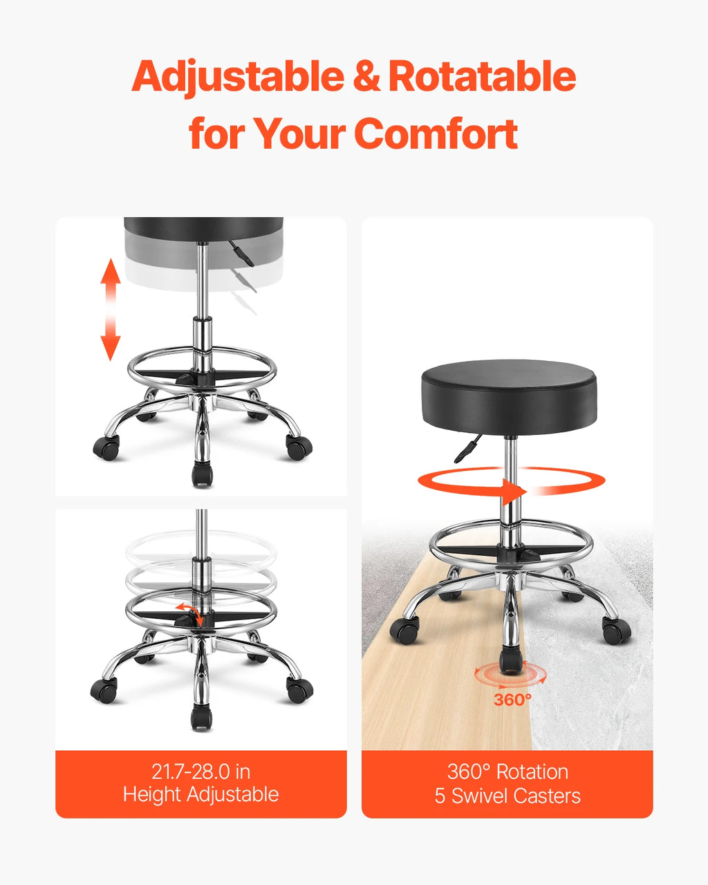 SucceBuy Rolling Stool w/ Wheels 450 LBS Weight Capacity Round Rolling Stool Chair Height Adjustable for Salon Spa Tattoo Clinic