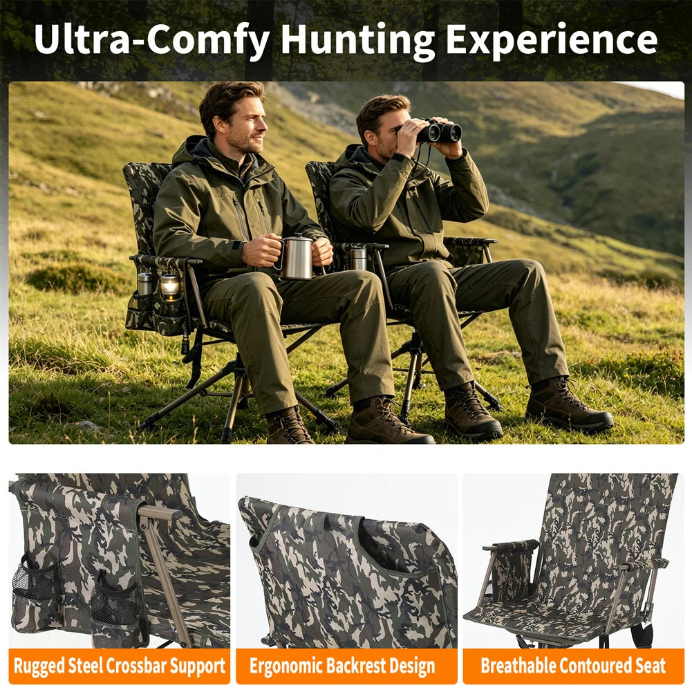 360° Swivel Hunting Chair, Silent Folding Portable Blind Seat | 4 adjustable legs & seat height, folding design, anti-sink feet, armrests, supports 330lbs, stable.