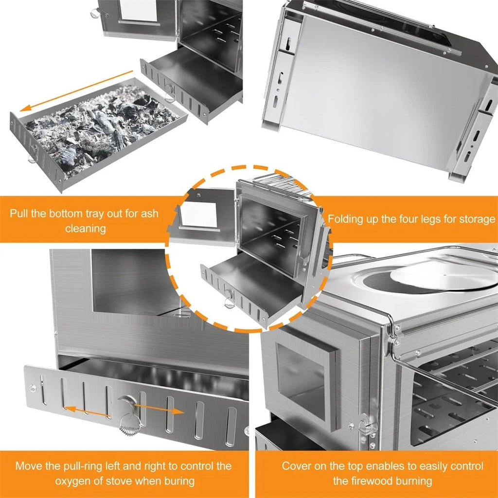 Hot Tent Stove, Unho Wood Burning Stove, Portable Wood Stove with 6 Stainless Chimney Pipes for Outdoor Heating & Cooking
