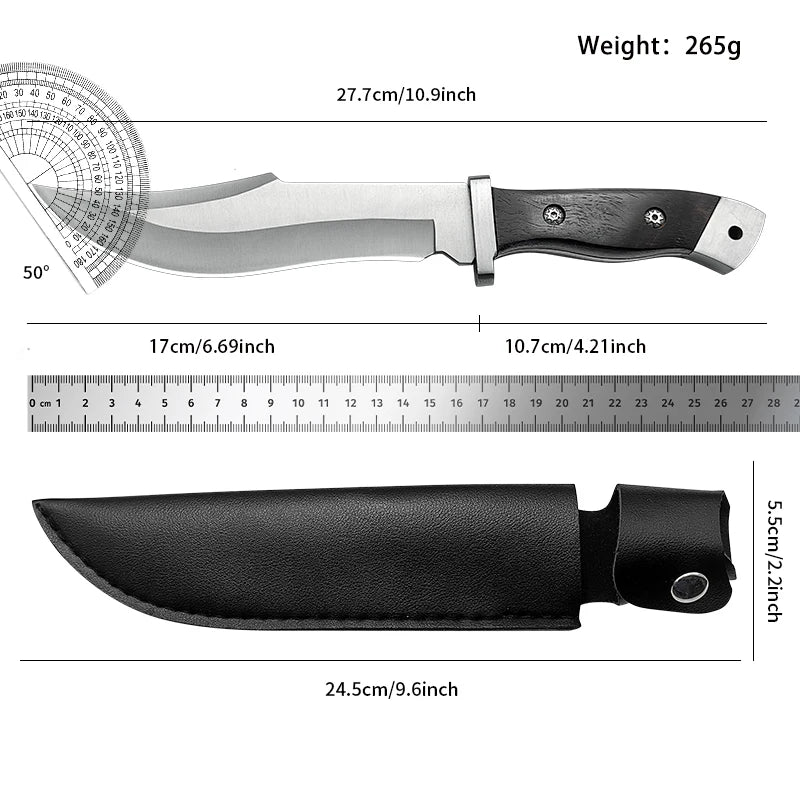 Stainless steel hunting knife with a wooden handle, paired with a black leather sheath, an essential tool for adventurers
