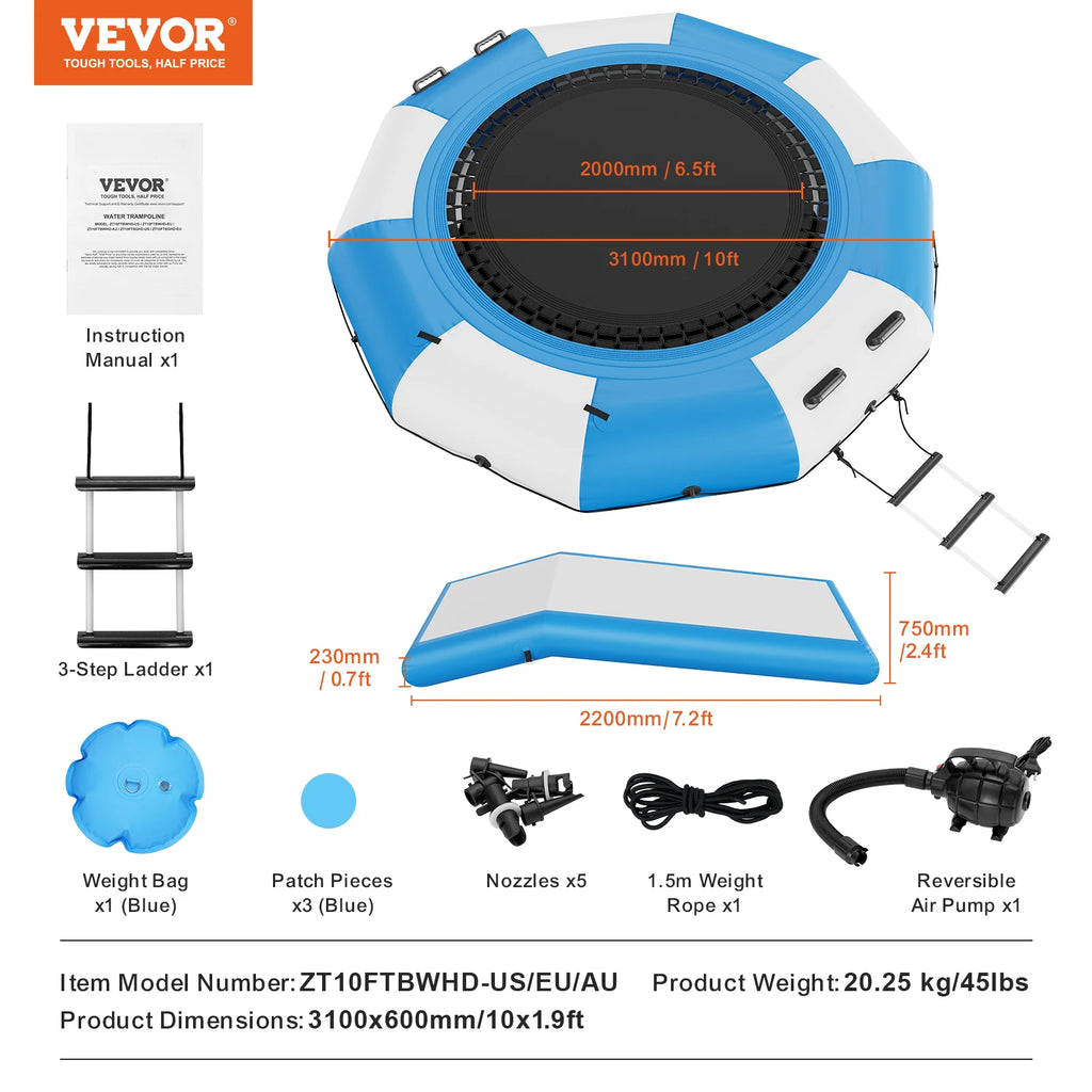SucceBuy 10ft Inflatable Water Bouncer Recreational Water Trampoline Portable Bounce Swim Platform with Slide 3-Step Ladder