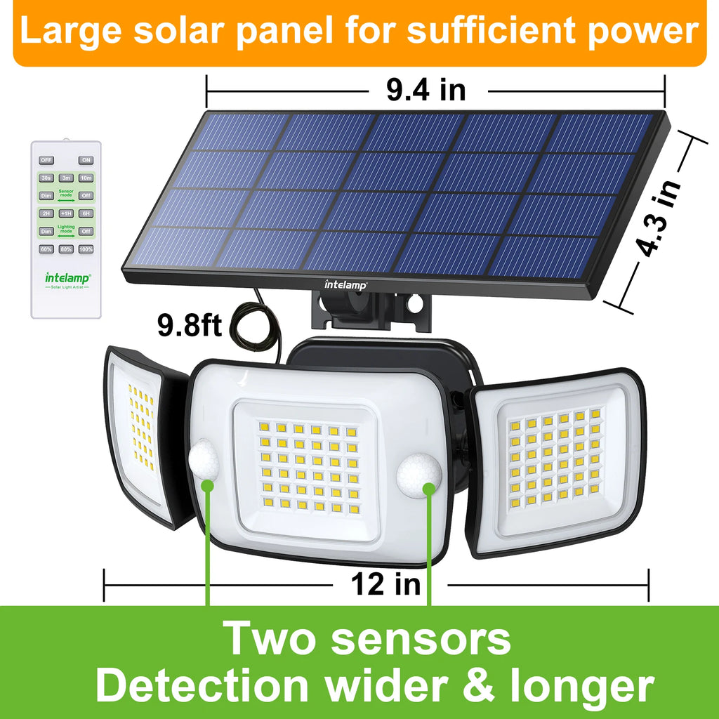 Intelamp Top Brand Long Life 4000Mah Outdoor Solar Led Lights Spotlight Large Solar Panel With 3 Modes Two Motion Sensors Security Flood Light For Garden Yard Garage - Macgyverzoutpost