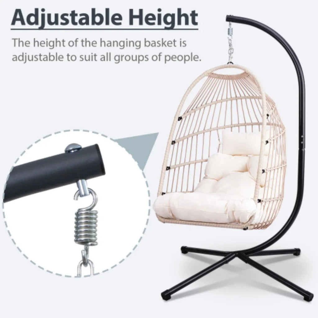 Outdoor Egg Chair with Stand, 350 Lbs Wicker Patio Hanging Chair, Folding Swing Hammock Chair with Cushion