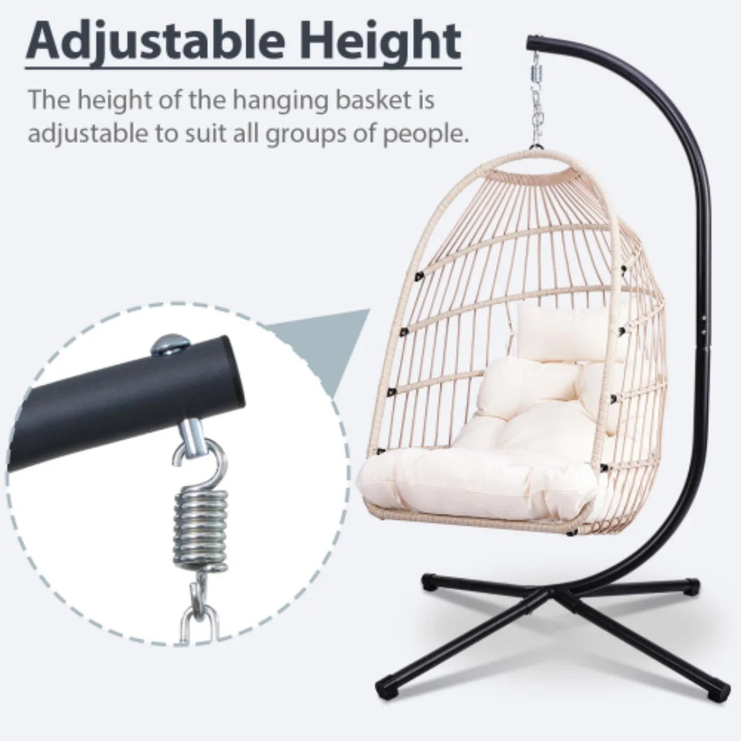 Outdoor Egg Chair with Stand, 350 Lbs Wicker Patio Hanging Chair, Folding Swing Hammock Chair with Cushion
