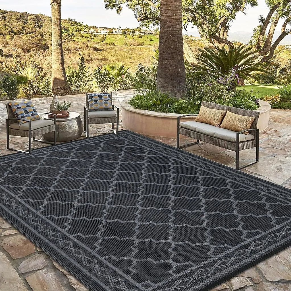 9x18 Reversible Outdoor Area Rug – Waterproof Lightweight Plastic Mat for  Camper & Backyard, Black/Grey