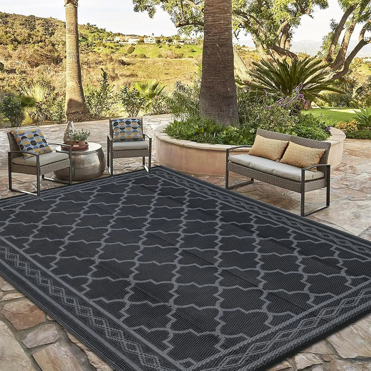 9x18 Reversible Outdoor Area Rug – Waterproof Lightweight Plastic Mat for  Camper & Backyard, Black/Grey