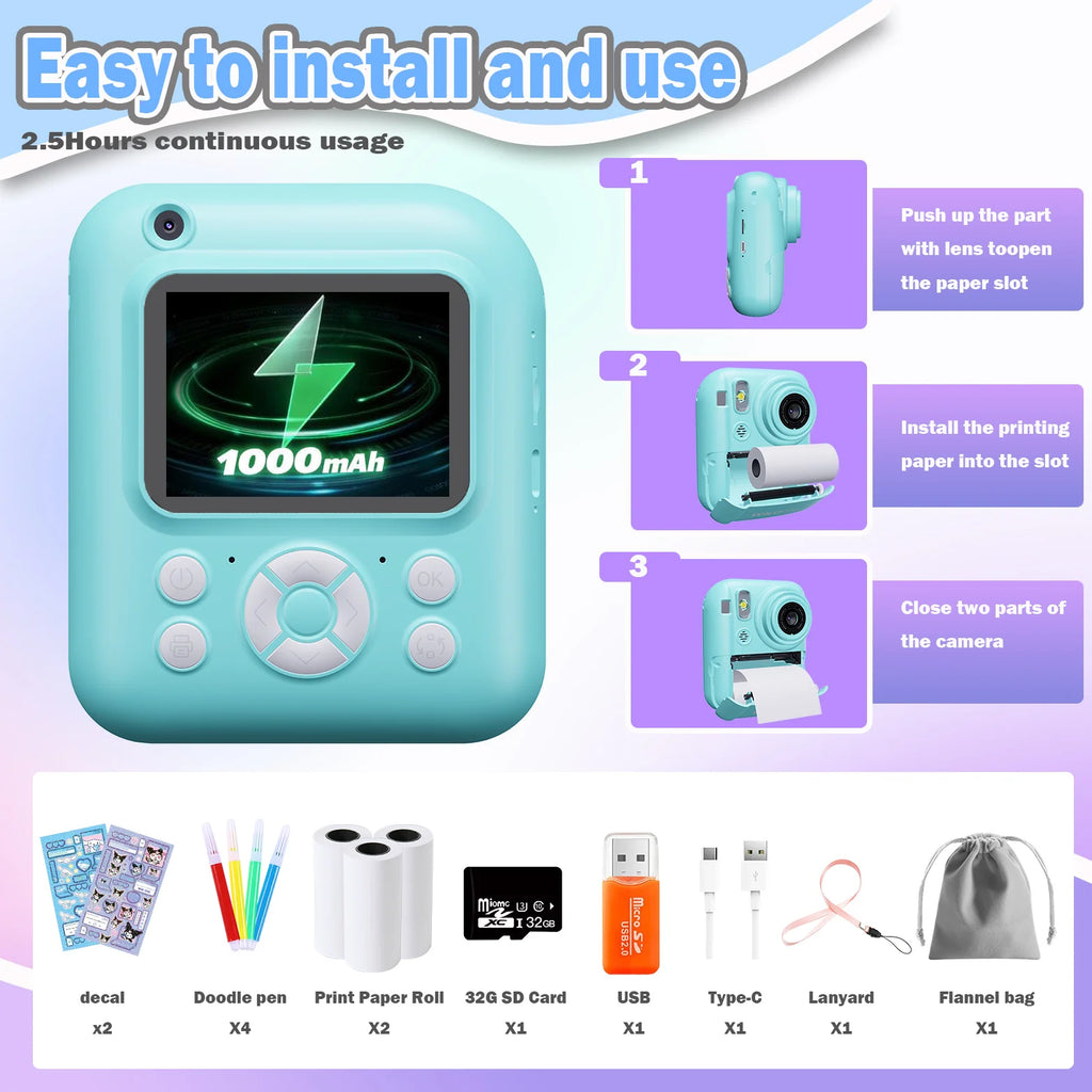 Instant Print Camera Digital Camera With 3 Rolls Print Paper, 1080P HD Ditigal Camera 2.4 Inch Screen, Selfie Video Camera, USB Cable/Color Pen/Bag/ Included, electronics，