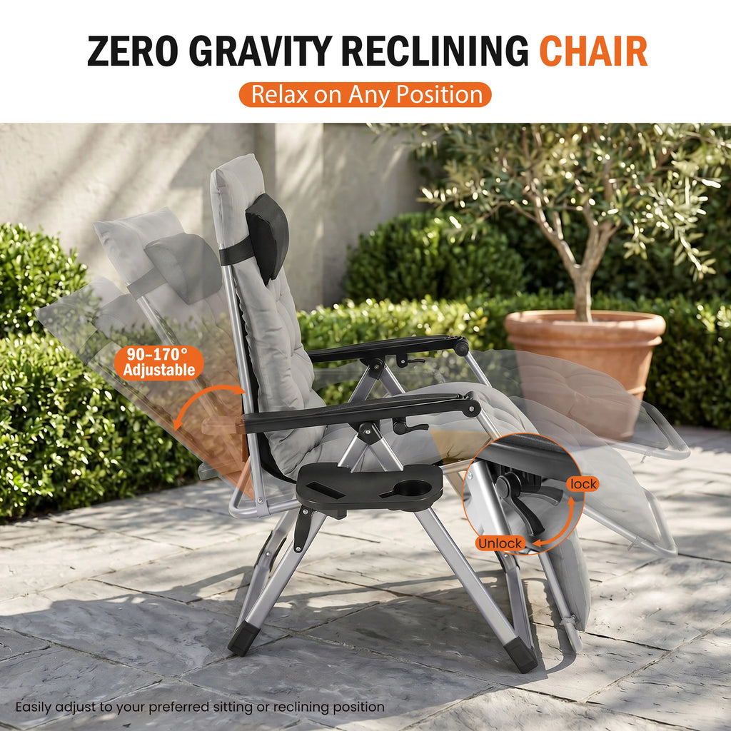 JHK Zero Gravity Reclining Camping Lounge Chair for Outdoor Soft Cushion Patio Chairs with Cup Holder Trays and Removable Cushion Folding Recliner