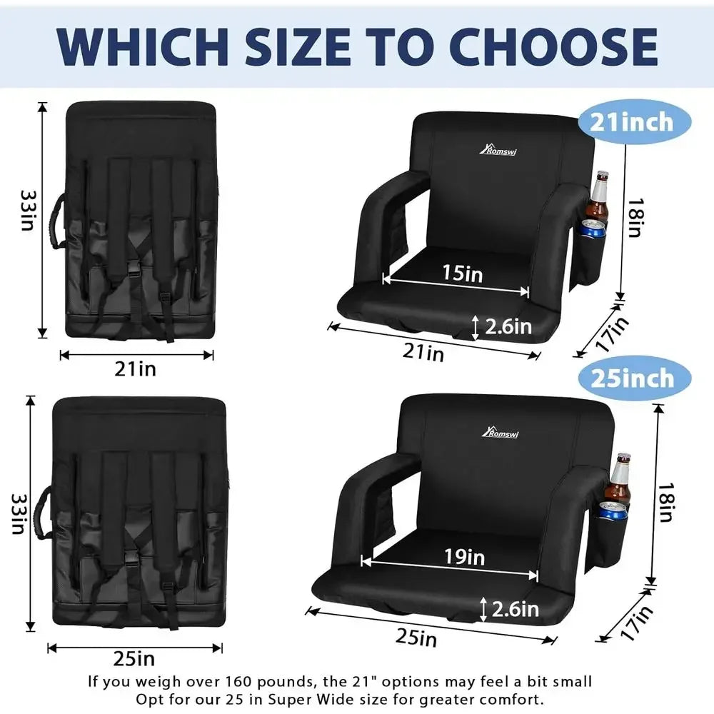 Double Pack Extra Wide Reclining Stadium Seats with Armrests, Adjustable Angles, Padded Backpack Straps & Pockets
