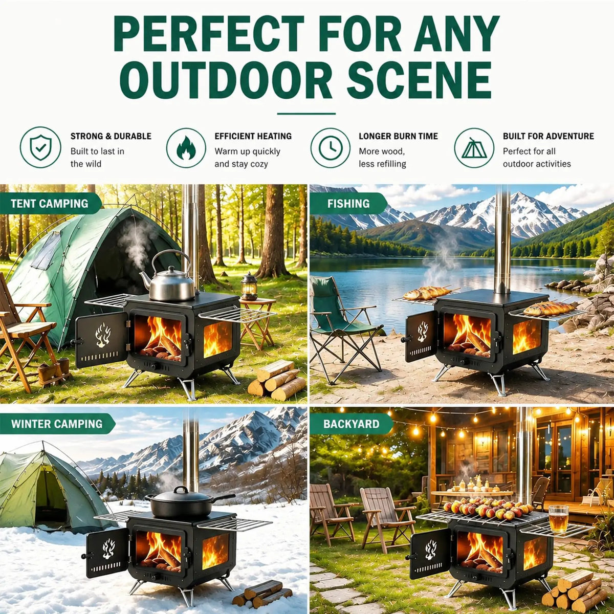 Large Hot Tent Stove with Wide Base, Portable Wood Burning Camping Stove