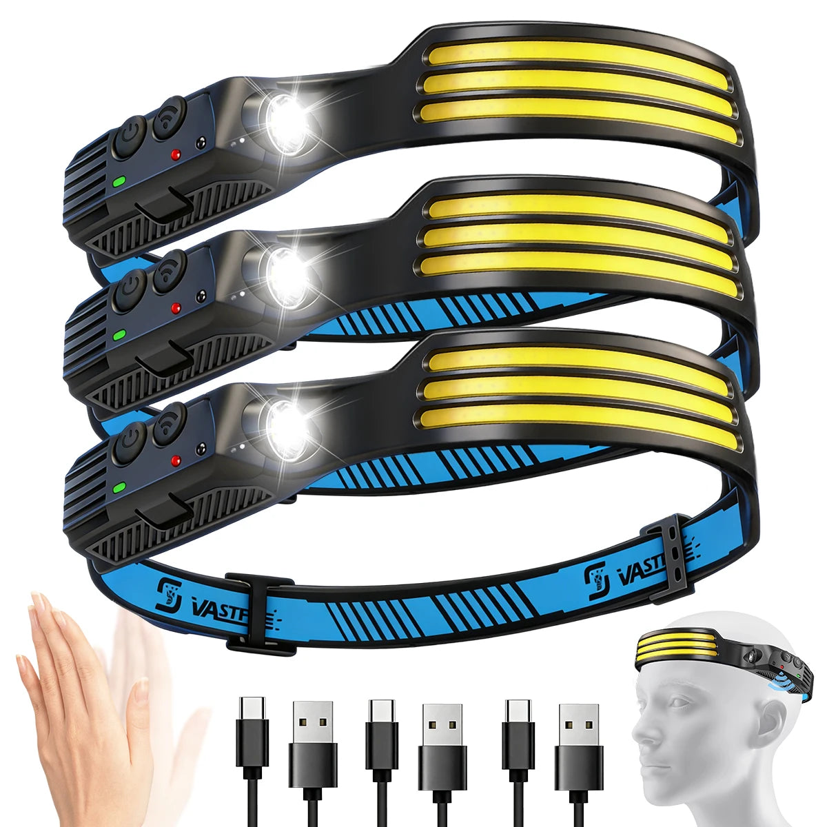 3PCS LED Induction Headlamp 1000mah Camping Search Light USB Rechargeable Headlight Led Head Torch Work Light With Built-in Battery