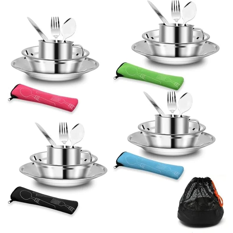 1 Set Stainless Steel Camping Tableware Kit Portable Dinner Set Bowls Plates Cups Forks Spoons Knives for 4 People Outdoor Camping