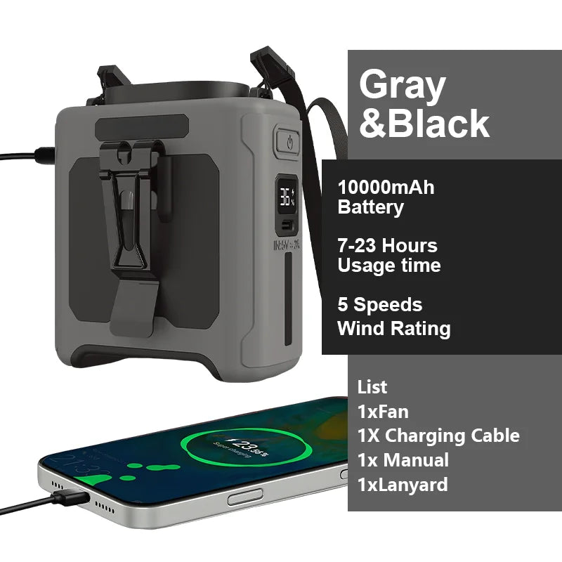 10000mAh Portable Waist Clip Fan Neck Hanging Fan for Outdoor Working Travel cooling fan with Power bank function - Macgyverzoutpost