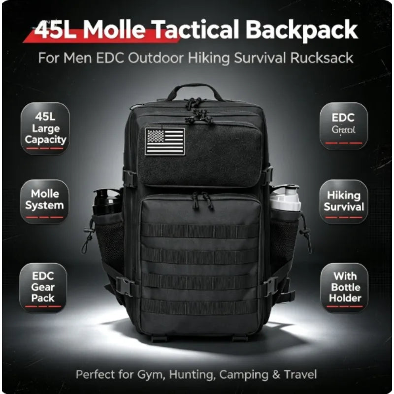 Men 45L Molle Tactical Rucksack, Outdoor Hiking Survival Backpack, EDC Gym Hunting Bag With Water Bottle Holder - Macgyverzoutpost