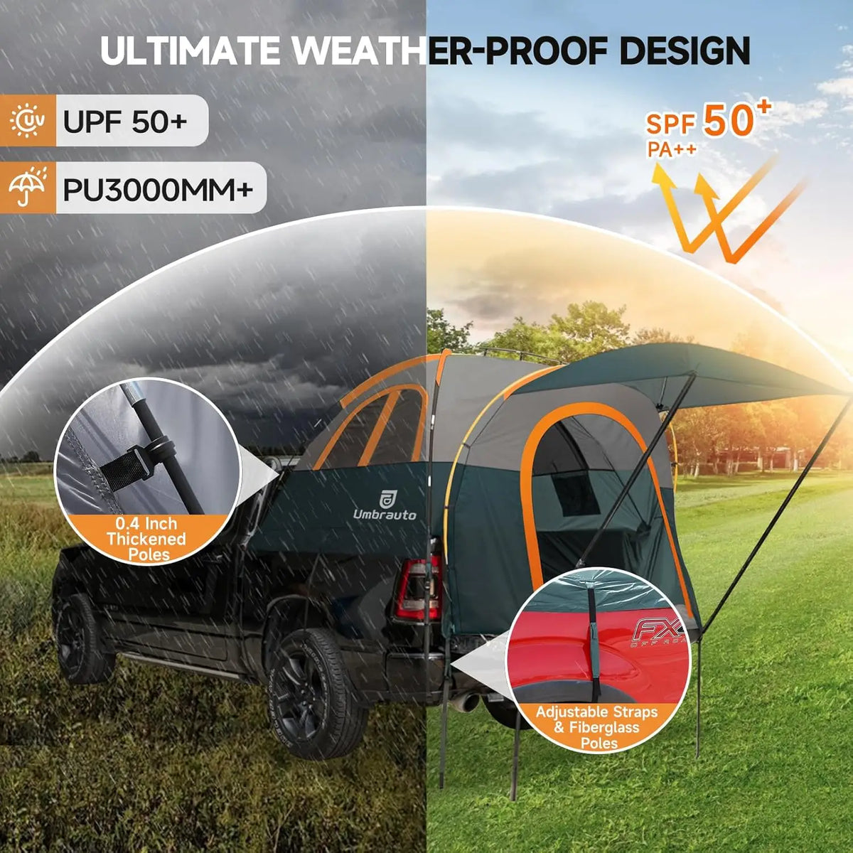 Umbrauto Truck Bed Tent with Awning: 6.4-6.7FT PU3000mm Waterproof Tailgate Pickup Truck Easy Set-up for 2 Person, Fits Full Size Short Bed, Chevy, Dodge, Ford, GMC, Macgyverzoutpost