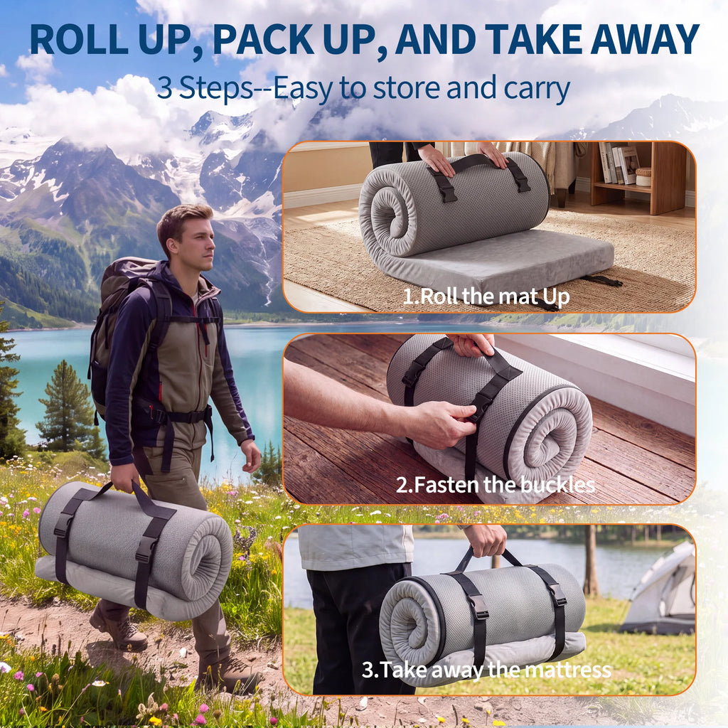 3" Roll-Up Memory Foam Camping Sleeping Pad - Portable Tent & Car Travel Sleeping Mat, Compact Cot/Guest Floor Mattress, Medium Firm - Gray