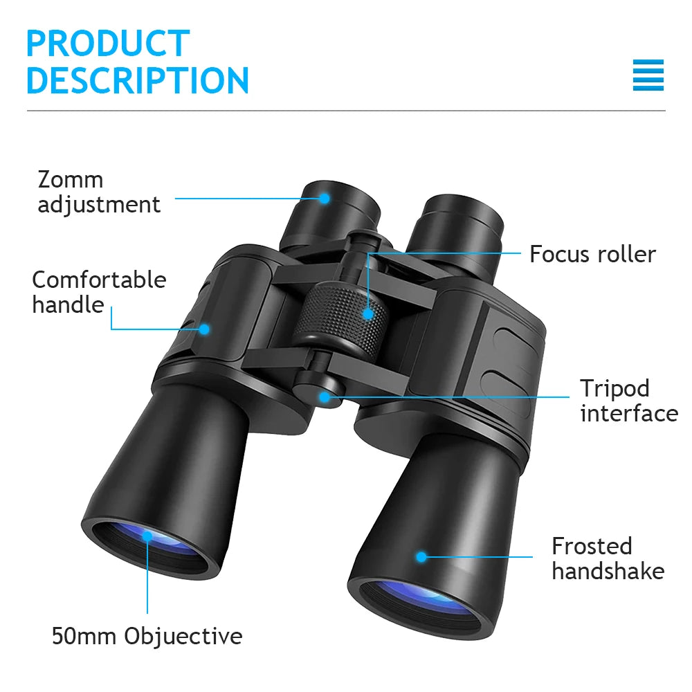 20X50 HD Binoculars BAK4 Prism FMC Green Film Low Light Night Vision Waterproof Portable Telescope with Tripod Interface for Bird Watching Hunting Stargazing Travel - Macgyverzoutpost