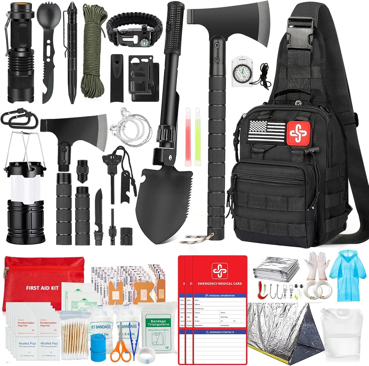 Survival kit, 262 pieces of survival equipment and supplies, first aid kit and crossbody bag