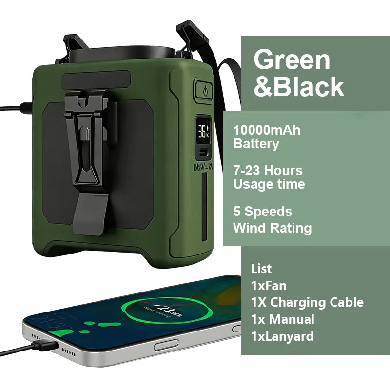 10000mAh Portable Waist Clip Fan Neck Hanging Fan for Outdoor Working Travel cooling fan with Power bank function - Macgyverzoutpost