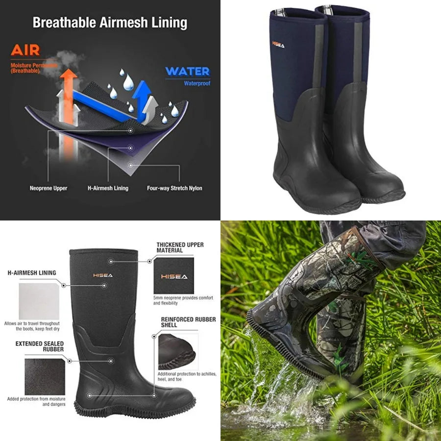 HISEA Men's Rain Boots, Waterproof Durable Insulated Rubber Boots for Men, 5 mm Neoprene Outdoor Mud Fishing Hunting Boots