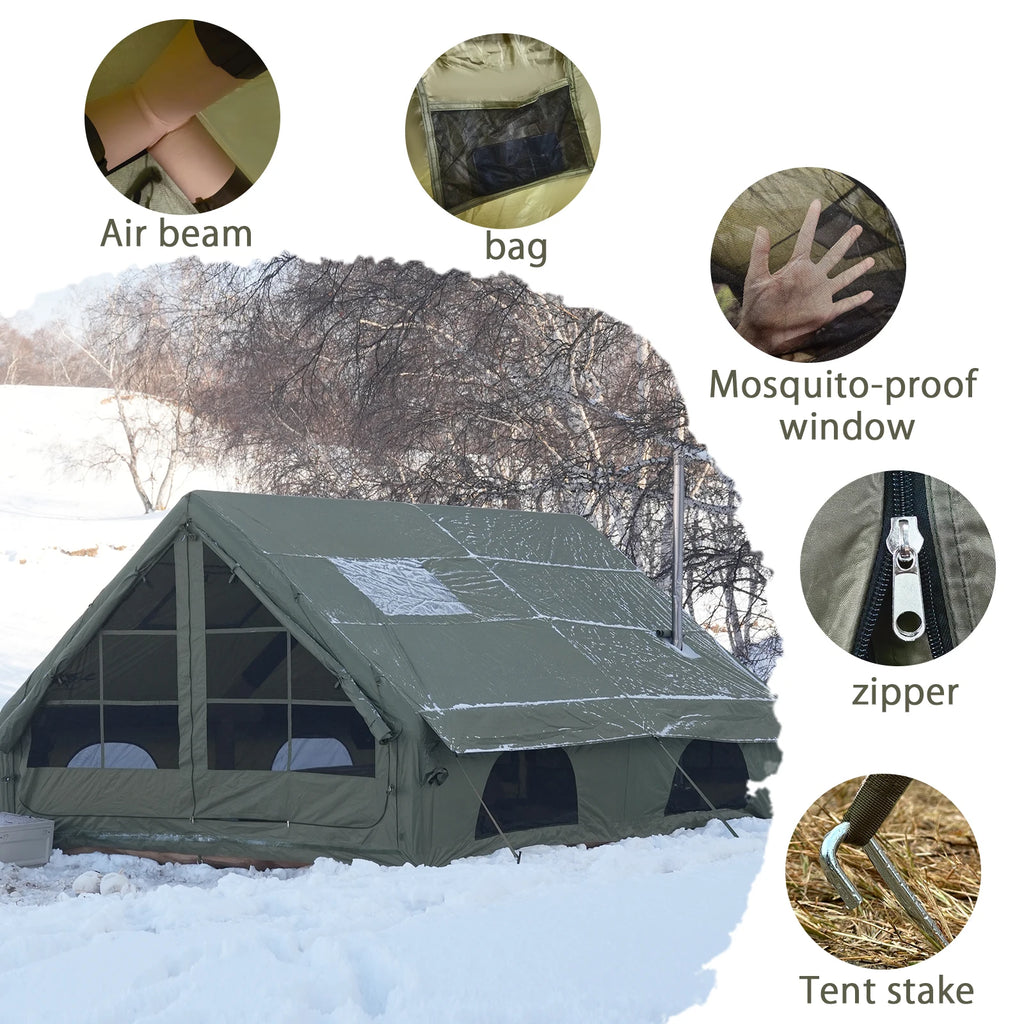 PAKICETUS Large Luxury Inflatable Glamping Tent with Manual Hand Pump, Easy Setup 4 Season Anti-Snow Spacious Family Shelter, Weatherproof Air Tent - Macgyverzoutpost
