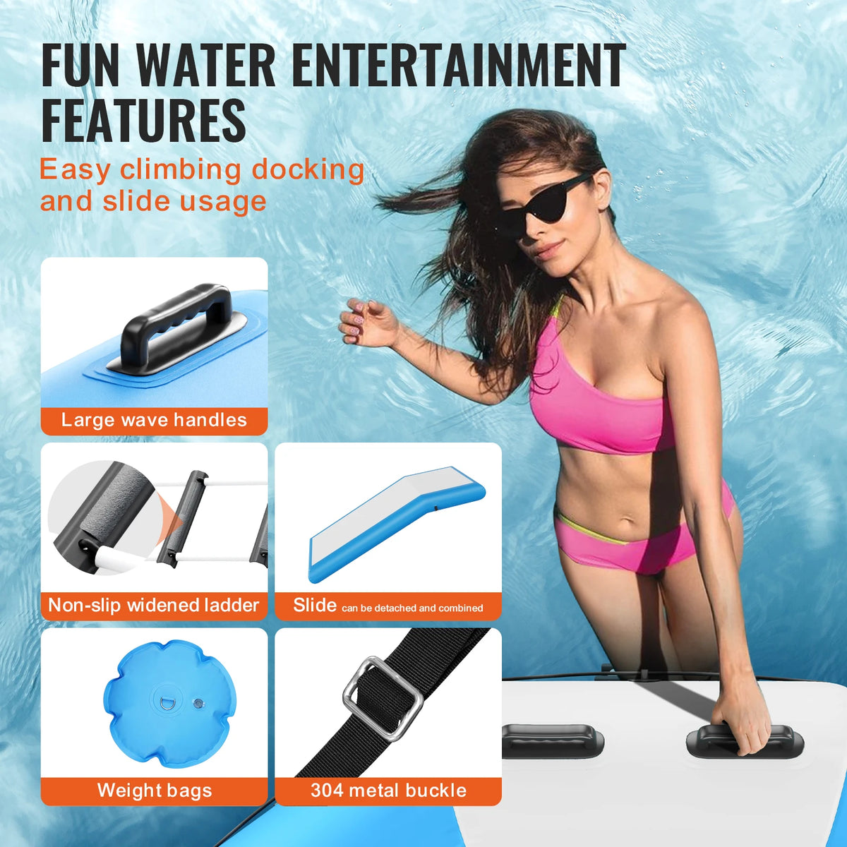 SucceBuy 10ft Inflatable Water Bouncer Recreational Water Trampoline Portable Bounce Swim Platform with Slide 3-Step Ladder