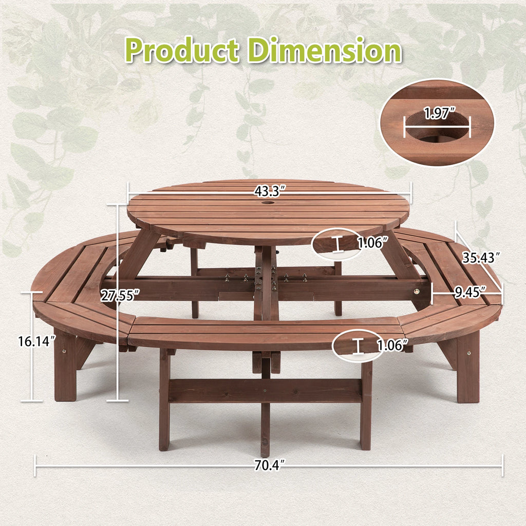 Solid Wood Round Outdoor Picnic Table Set with Fully Enclosed Built-in Curved Benches, Outdoor Patio Dining Furniture Equipped with Umbrella Hole - Macgyverzoutpost