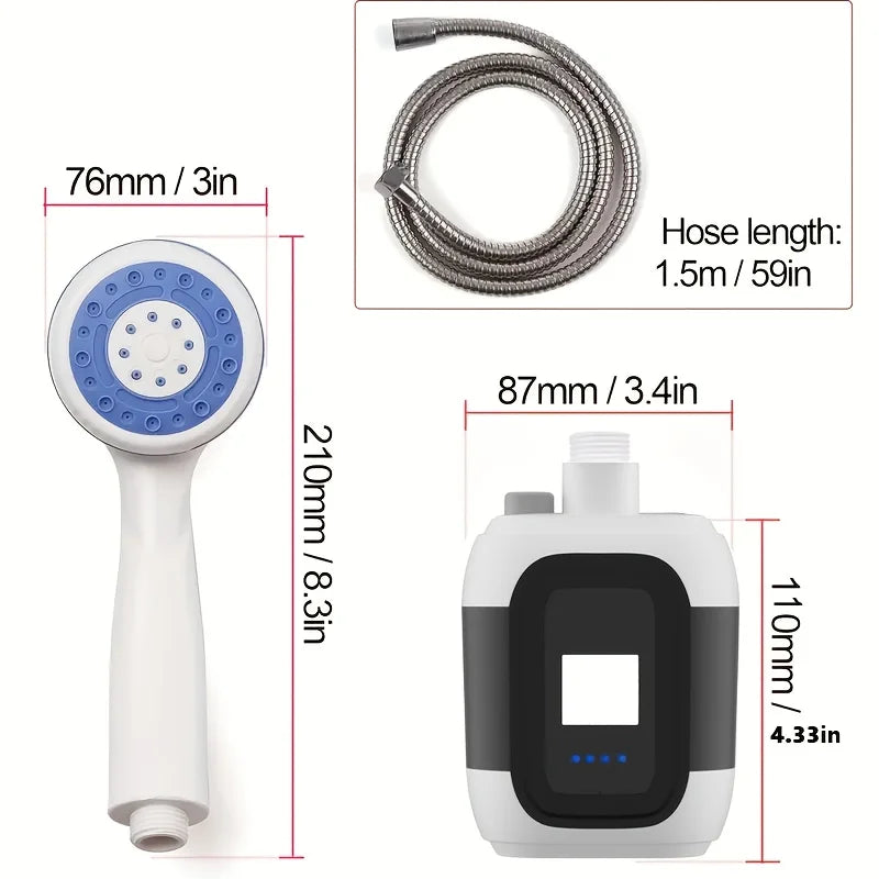 2-in-1 Outdoor Portable Shower, handheld pump with filter, hose, nozzle, suction cup, hook and USB cable,