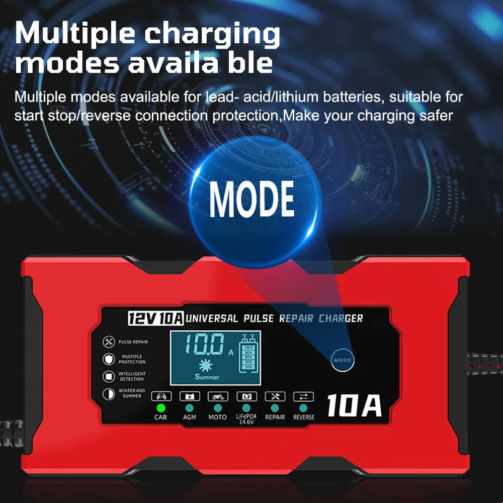 Battery Charger Intelligent Smart Battery Charging 12V 10A Fast Power Charging Pulse Repair Tools Digital Display For SUV Motorcycle Truck RV Universal - Macgyverzoutpost
