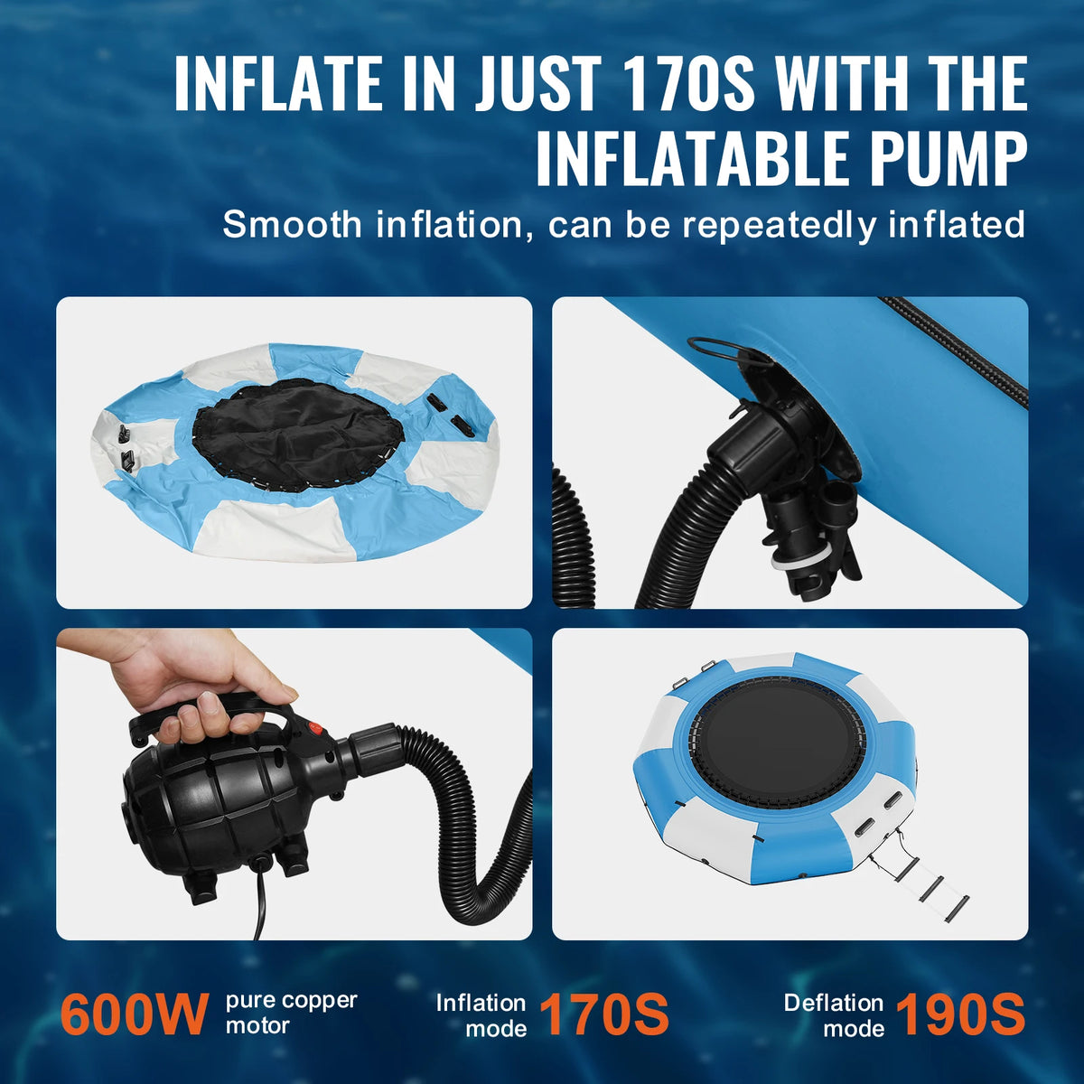 SucceBuy 10ft Inflatable Water Bouncer Recreational Water Trampoline Portable Bounce Swim Platform with Slide 3-Step Ladder