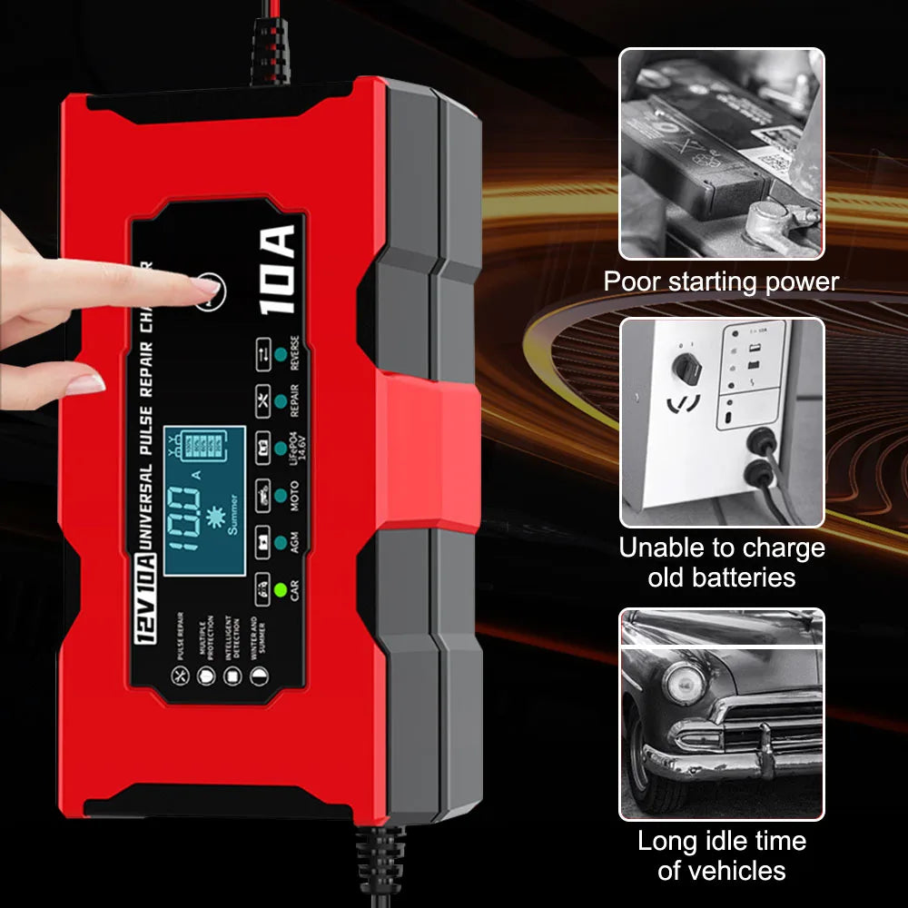 Battery Charger Intelligent Smart Battery Charging 12V 10A Fast Power Charging Pulse Repair Tools Digital Display For SUV Motorcycle Truck RV Universal - Macgyverzoutpost