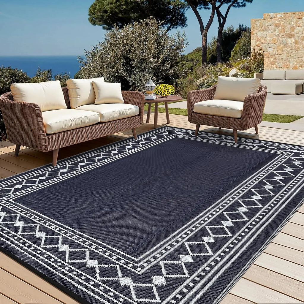 10x20 Large Outdoor Patio Rug – Diamond Border Plastic Straw Rug, Waterproof, Foldable, UV Resistant, Reversible Camping Mat for Deck,