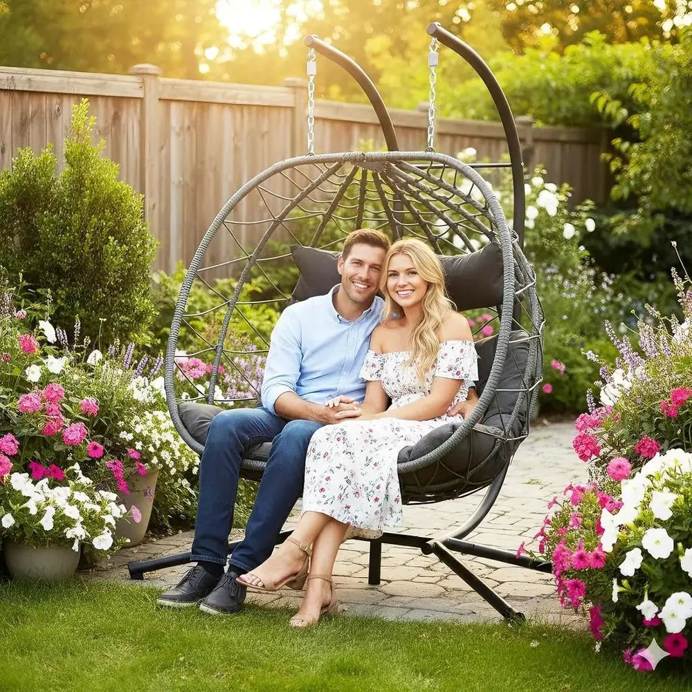 Double Egg Swing Chair with Stand, Outdoor-Friendly Loveseat Hammock, UV-Resistant Cushions, 700 lbs Capacity,