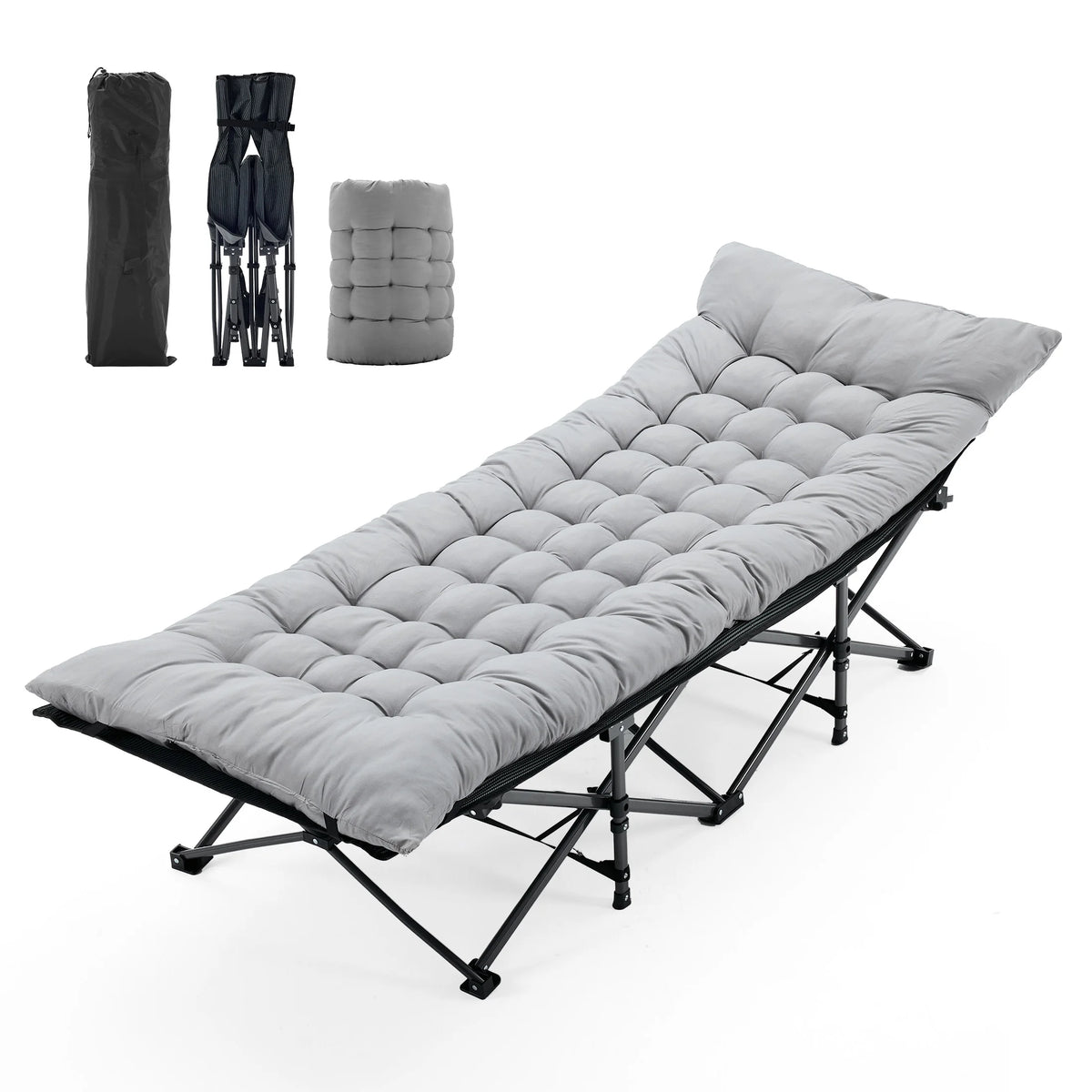 JHK Folding Camping Makeshift Bed Beach Lounge Chair Portable 3.5'' Cushion 440 lbs Sturdy Frame Compact Carry With Storage Bed - Macgyverzoutpost
