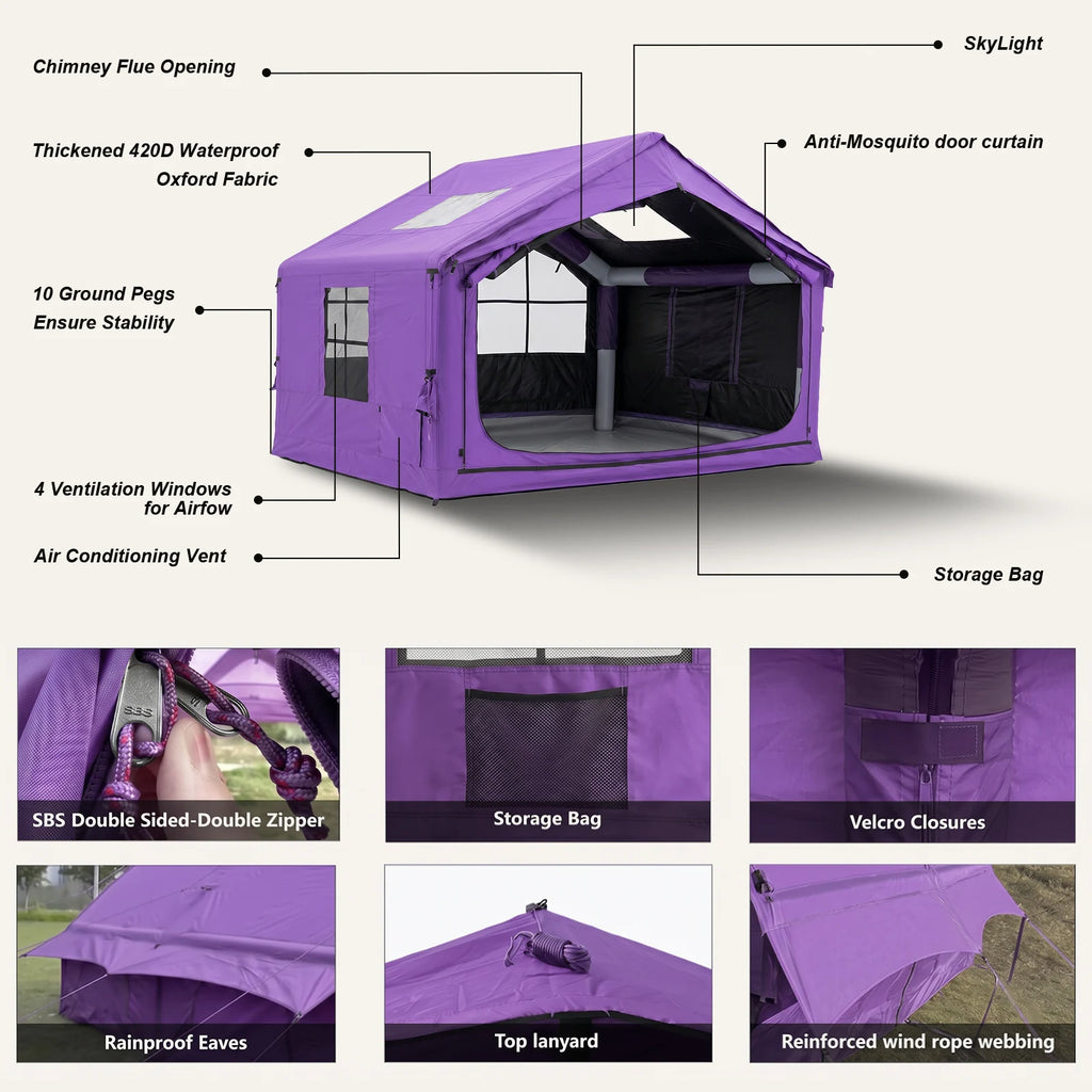 SENLEETO 11.8'X9.8' Inflatable Camping Tent for Family with Stove Jack,Black Coating Easy Setup Blow up Tent with Skylight AC Vent