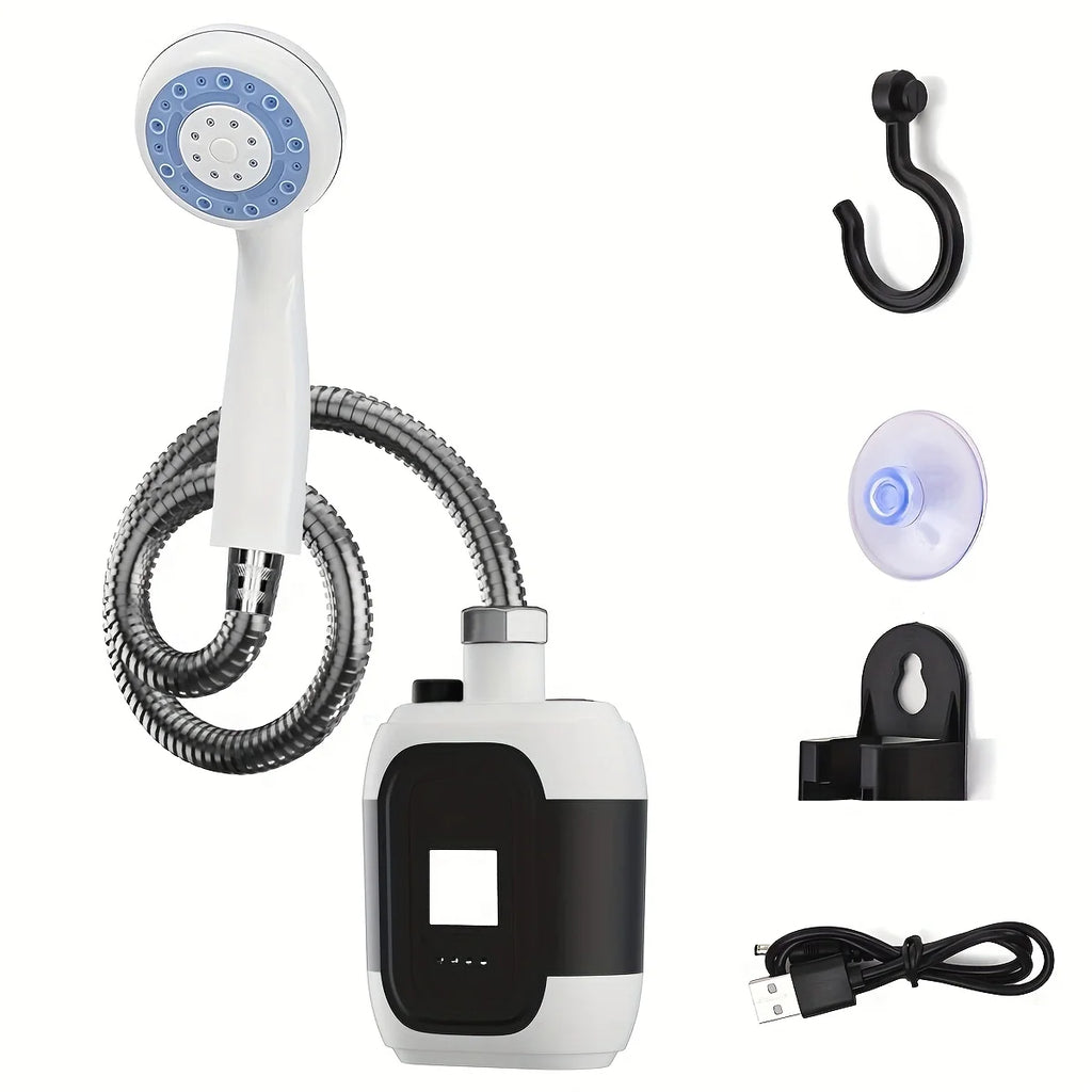 2-in-1 Outdoor Portable Shower, handheld pump with filter, hose, nozzle, suction cup, hook and USB cable,