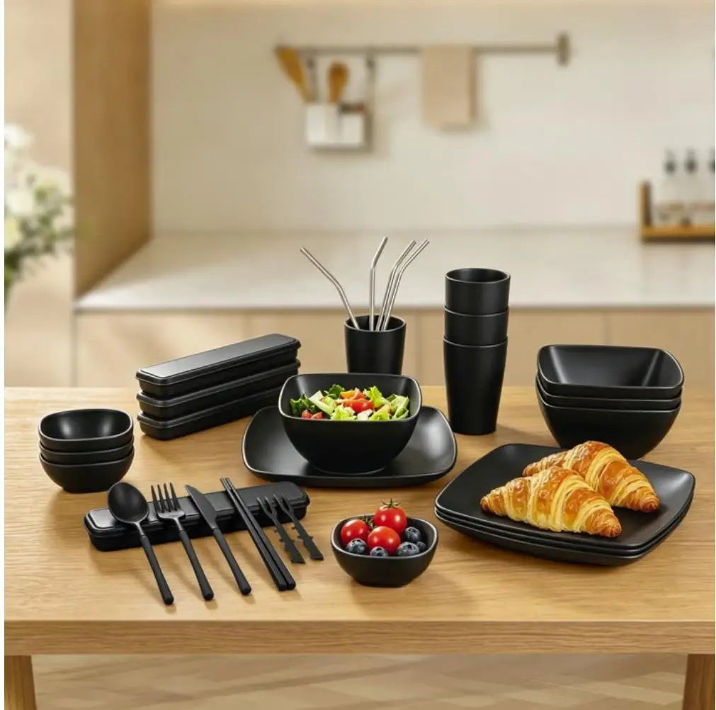 49Pcs Eco-Friendly Wheat Straw Dinnerware Set for 4 Unbreakable Plates Bowls Cutlery Lightweight Reusable Tableware Portable Outdoor Picnic Travel Camping Kitchen Microwave Safe