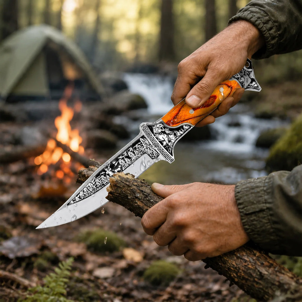 Wood Handle Fixed Blade Utility Knife with Protective Sheath Stainless Steel Outdoor Camping Hiking Picnic Daily Use Accessory