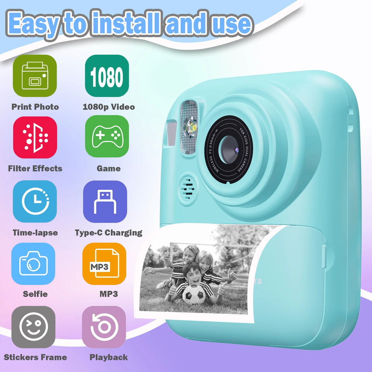 Instant Print Camera Digital Camera With 3 Rolls Print Paper, 1080P HD Ditigal Camera 2.4 Inch Screen, Selfie Video Camera, USB Cable/Color Pen/Bag/ Included, electronics，