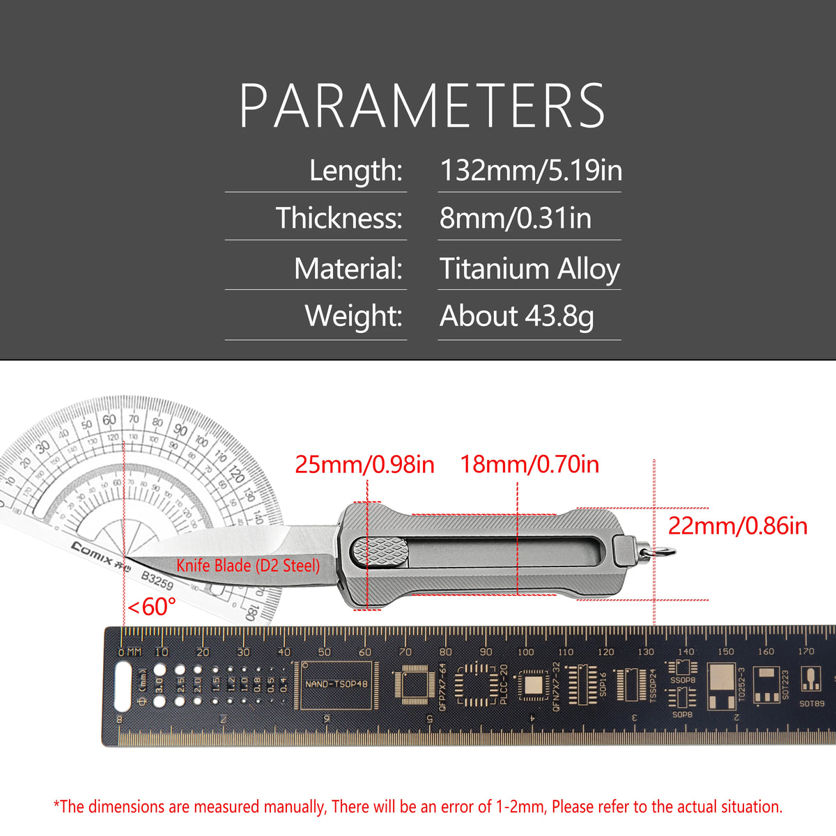 Titanium Alloy EDC Pocket Knife, D2 Steel Fixed Blade, With Window Breaker, for Outdoor Camping Hunting Hiking, Small Cutting Tool