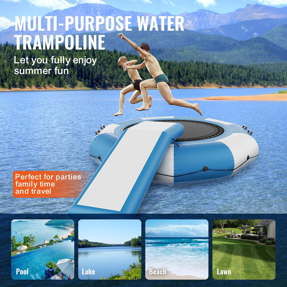 SucceBuy 10ft Inflatable Water Bouncer Recreational Water Trampoline Portable Bounce Swim Platform with Slide 3-Step Ladder