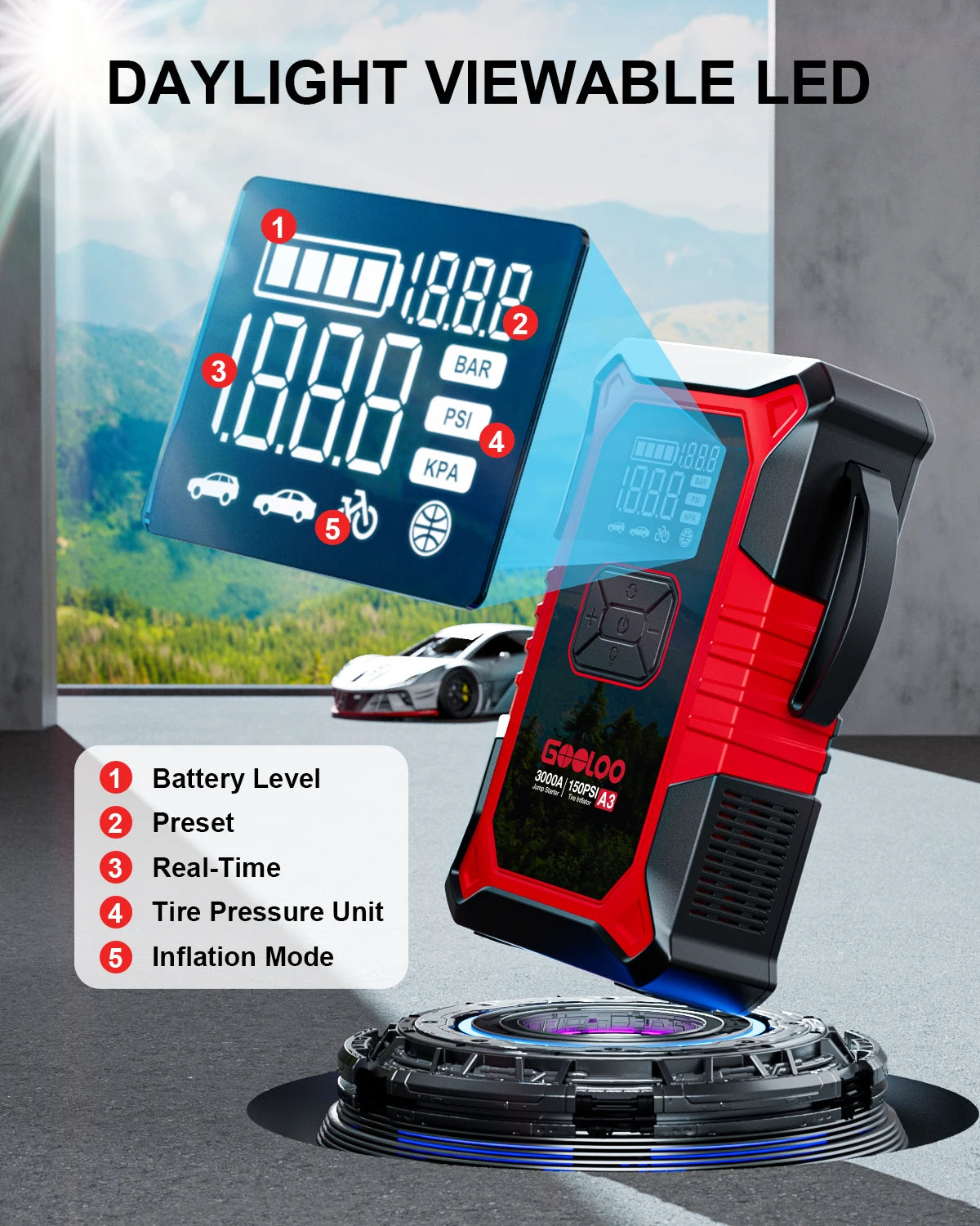 GOOLOO A3 Jump Starter with Air Compressor, 3000A Portable Car Battery Booster (9.0 Gas/6.5L Diesel) with 150PSI Auto-Shutoff - Macgyverzoutpost